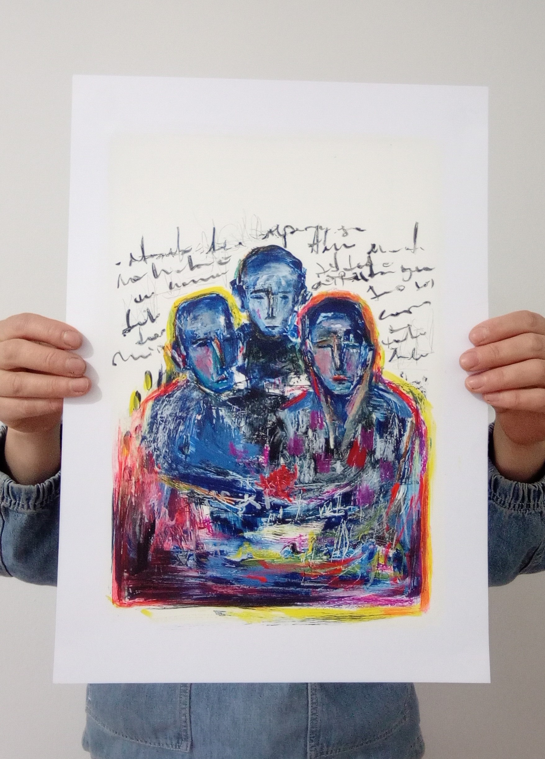 Obra de arte titulada La Reunión, con figuras abstractas en tonos azules y rojos, con texto en el fondo.