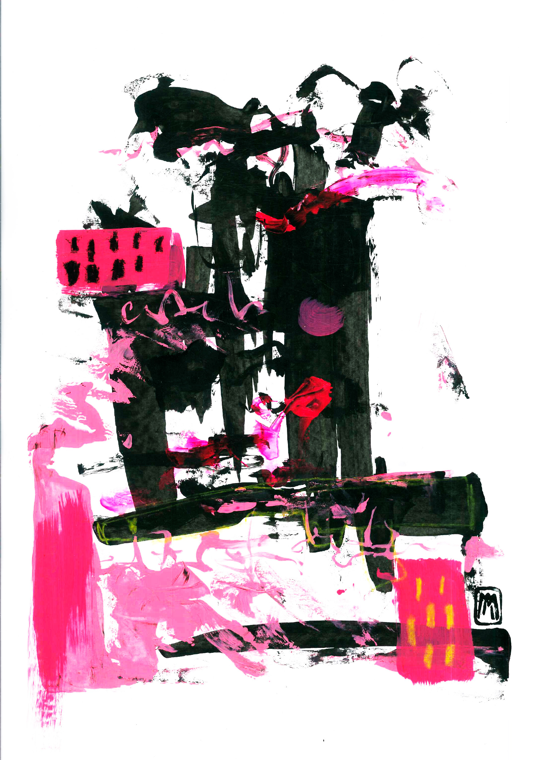 Obra de arte abstracta titulada Explosión Rosa, con pinceladas en negro y rosa vibrante.
